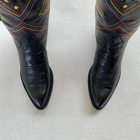 Larry Mahan Rare Vintage Aztec Beaded Fringe Black Leather Cowboy Western Boots - Picture 8 of 10